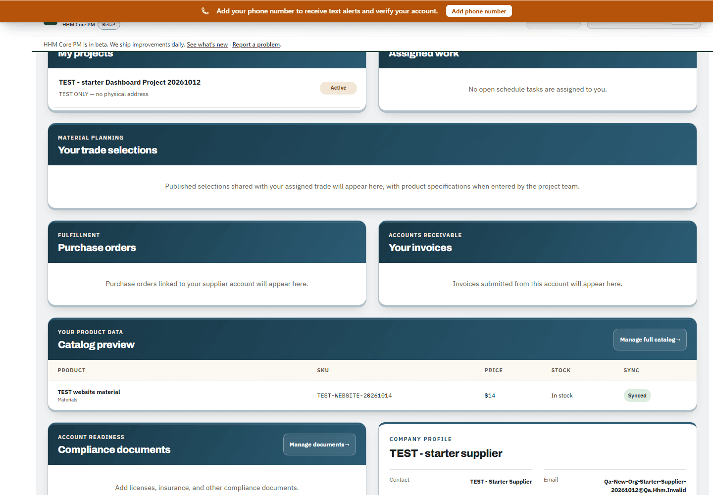 Real supplier project dashboard with assigned work and shared records.